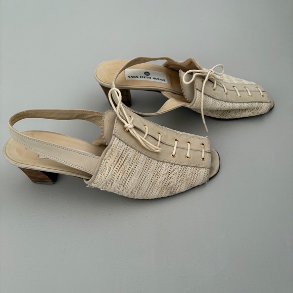 Saks Fifth Avenue Slingback Heels Lace Up Peep Toe Leather Woven Beige -Size 8.5 - Picture 5 of 9